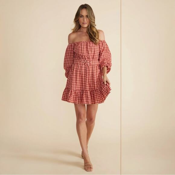 MINKPINK Cora mini plaid dress in blush/rust puff sleeves - Picture 1 of 15